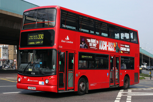 Route 330, East London ELBG 17258, X258NNO, Canning Town