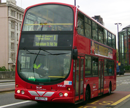 Route 1, East Thames Buses, VWL13, LB02YXL, Waterloo